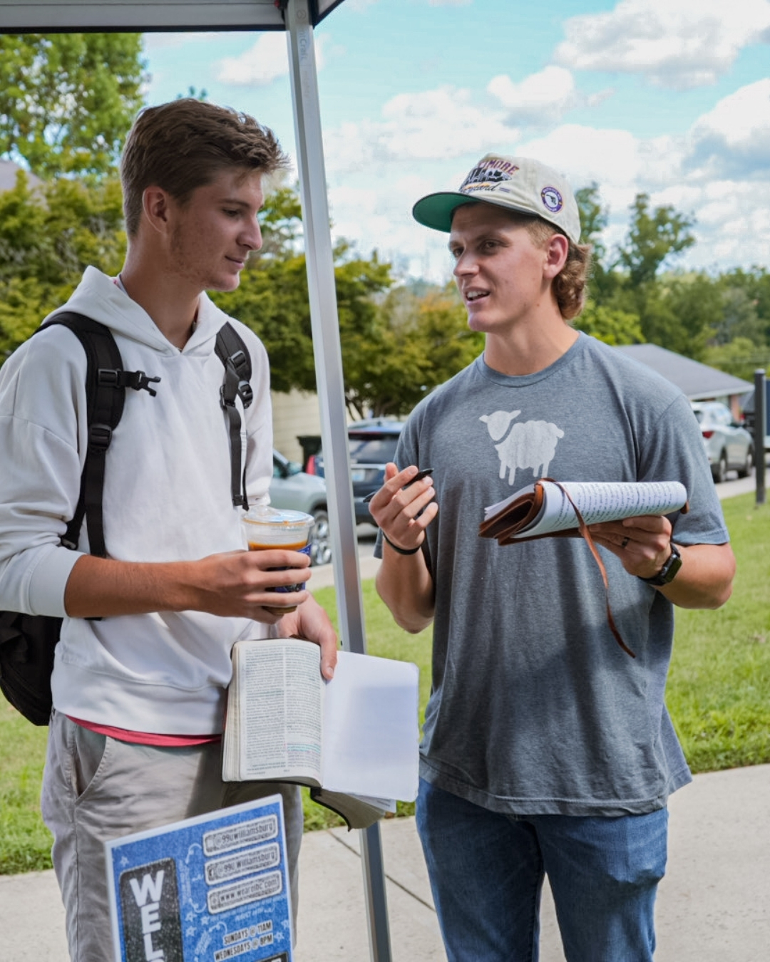 Immanuel Baptist Church staff sharing the Gospel Bridge Diagram with a college student at the University of the Cumberlands