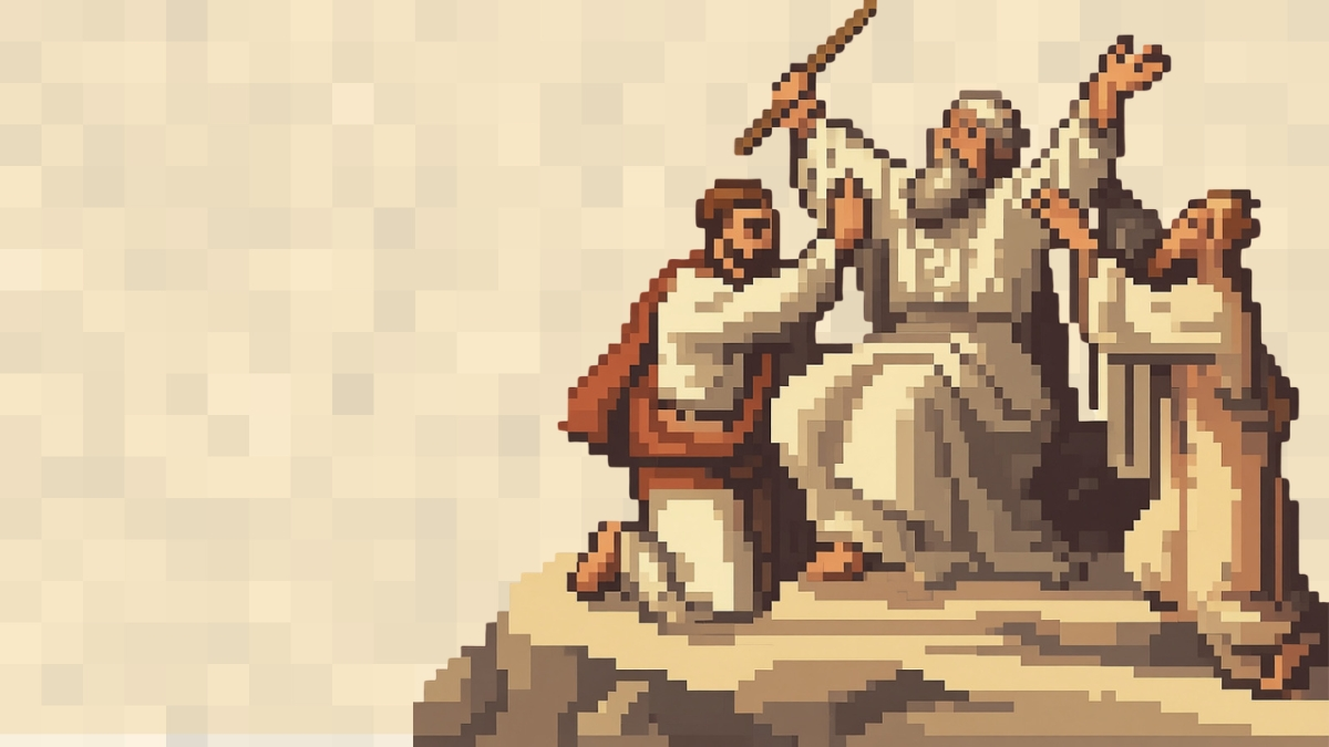 Christian Brotherhood pixel art of Aaron and Hur holding up the arms of Moses