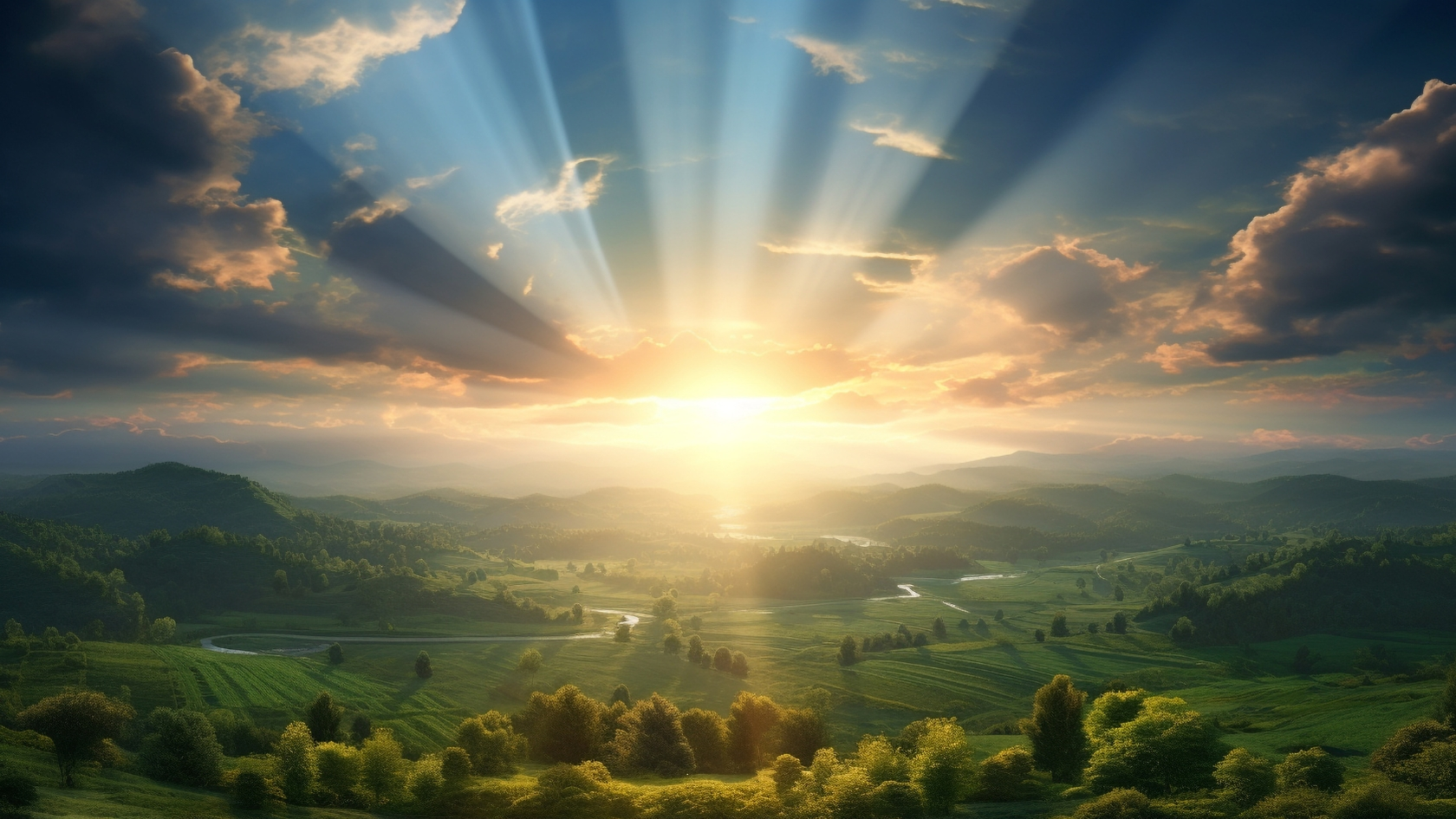 A sunrise breaking through the clouds over a valley