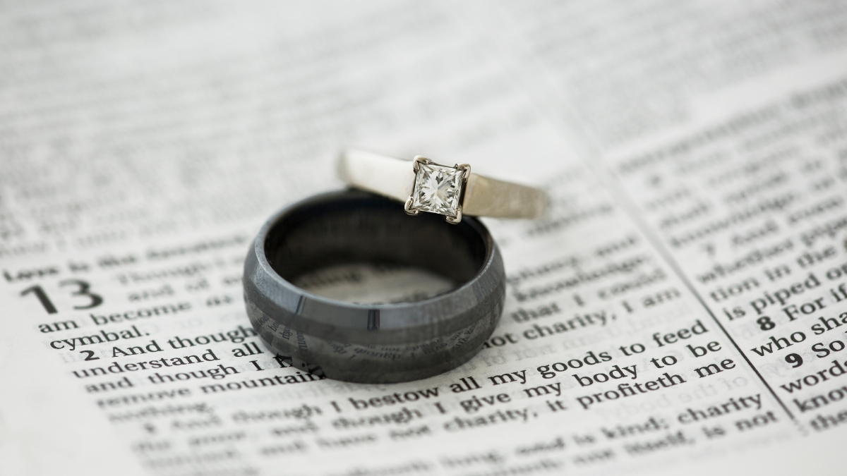 Wedding rings on the pages of a Bible